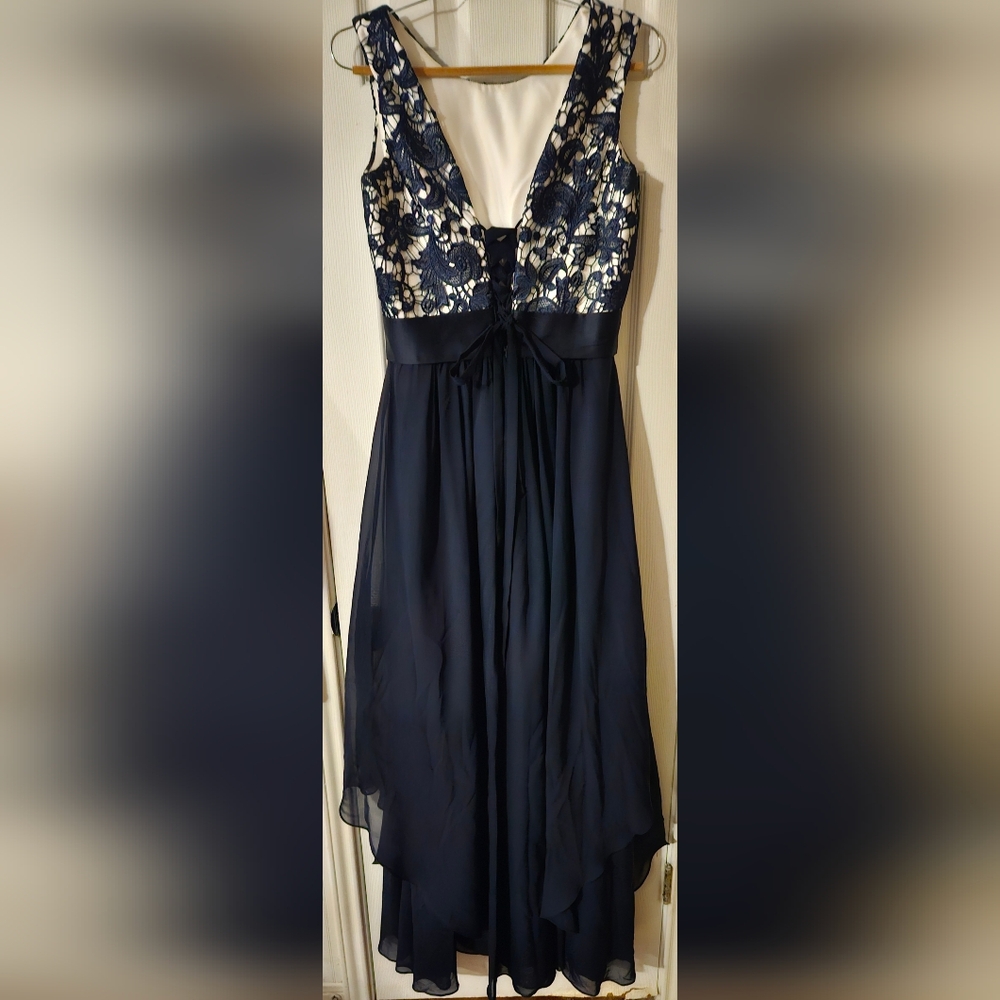 GRACE LEE Women's Long Evening Gown Lace Round Neck Prom Dress (Navy Blue)- L - Picture 4 of 7